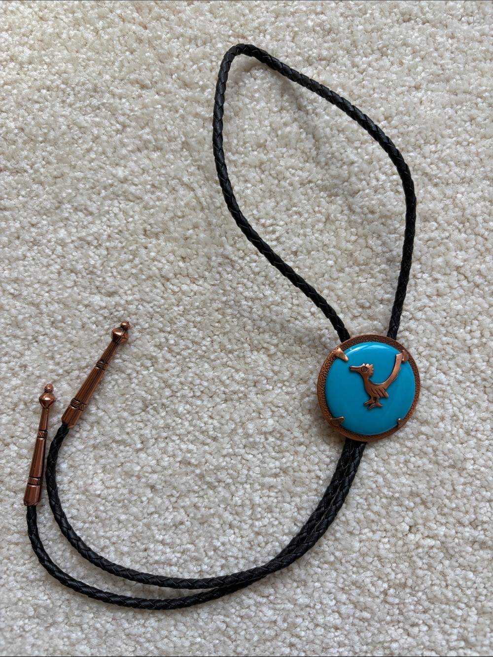 Vintage women‘s or men’s Blue Bolo Tie with Copper Bird Accent